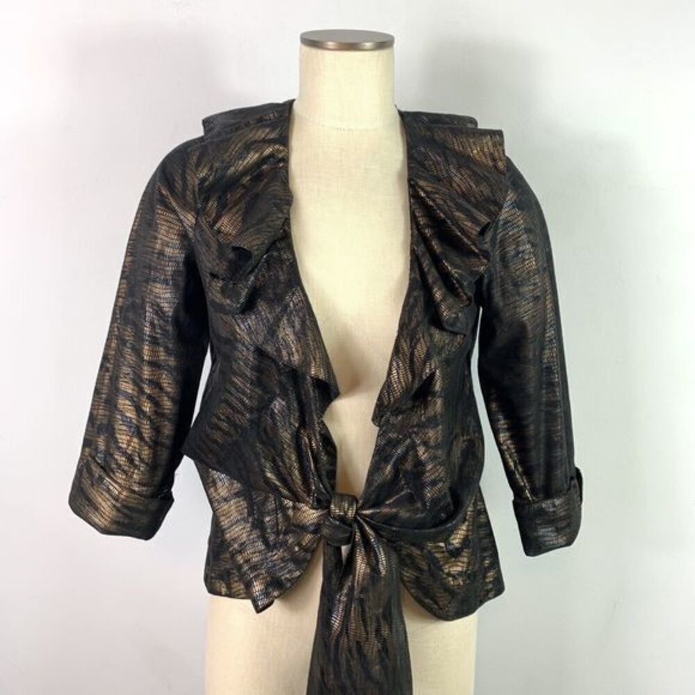 Mishca Metallic Brown Black Tie Front Open Blouse Size Small